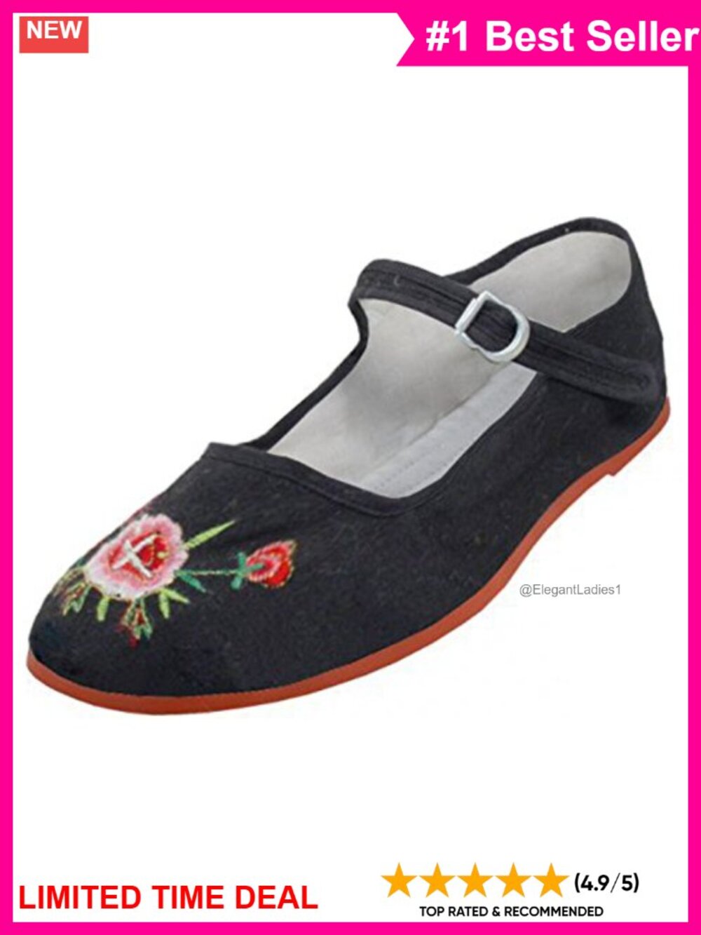 Women's Cotton Mary Jane Ballet Flats Embroidered Buckle Comfort Shoes